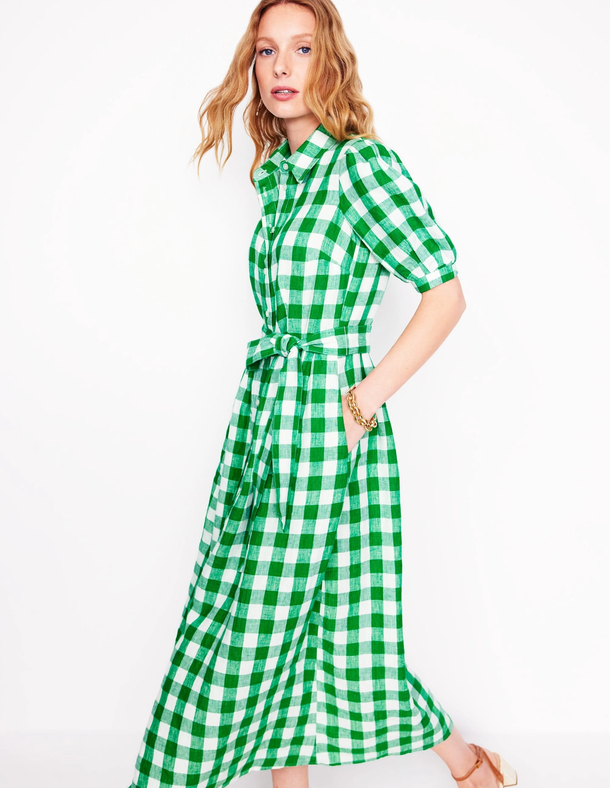 Alexa Linen Maxi Shirt Dress-Rich Emerald Gingham