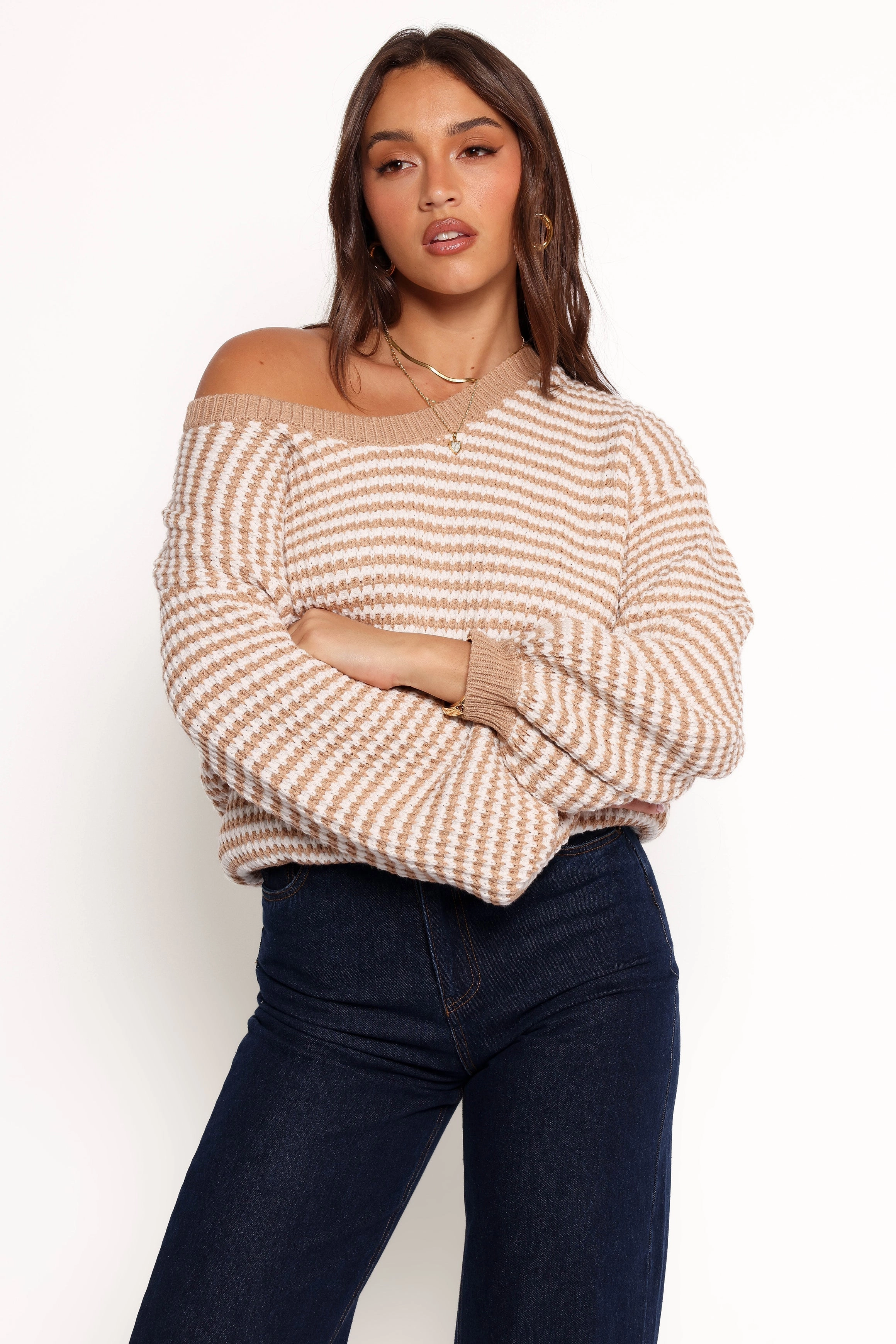 Becca Crewneck Waffle Stitch Stripe Knit Sweater - Tan