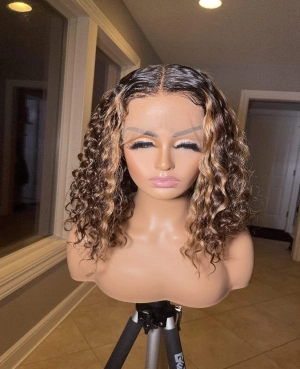 Blonde Highlights Tropical Curly Kelly Bob Invisible HD Lace Frontal Wig