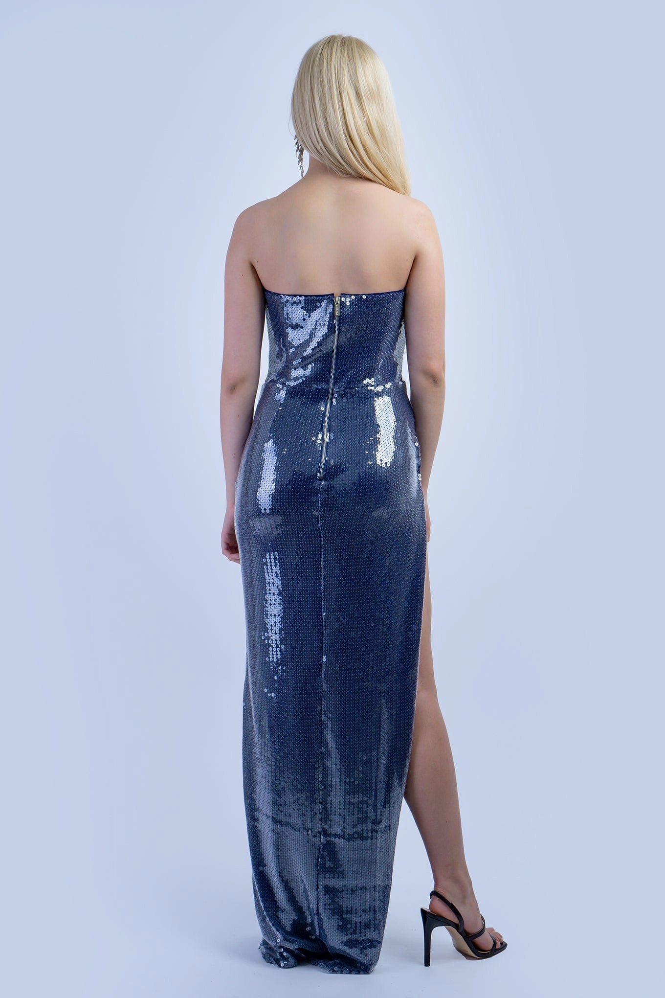 Blue Sequin Strapless High Slit Gown