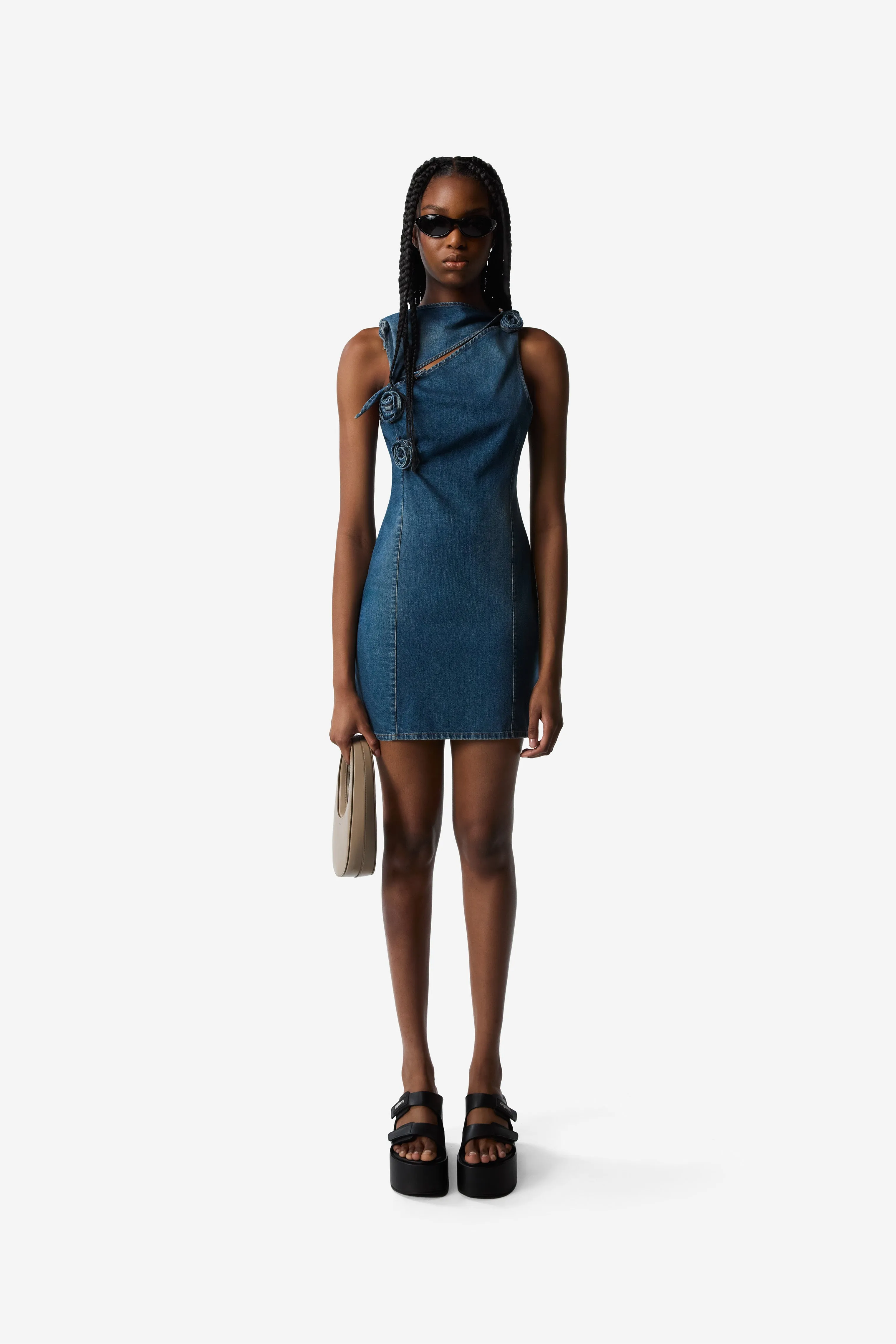 Denim Asymmetric Flower Mini Dress