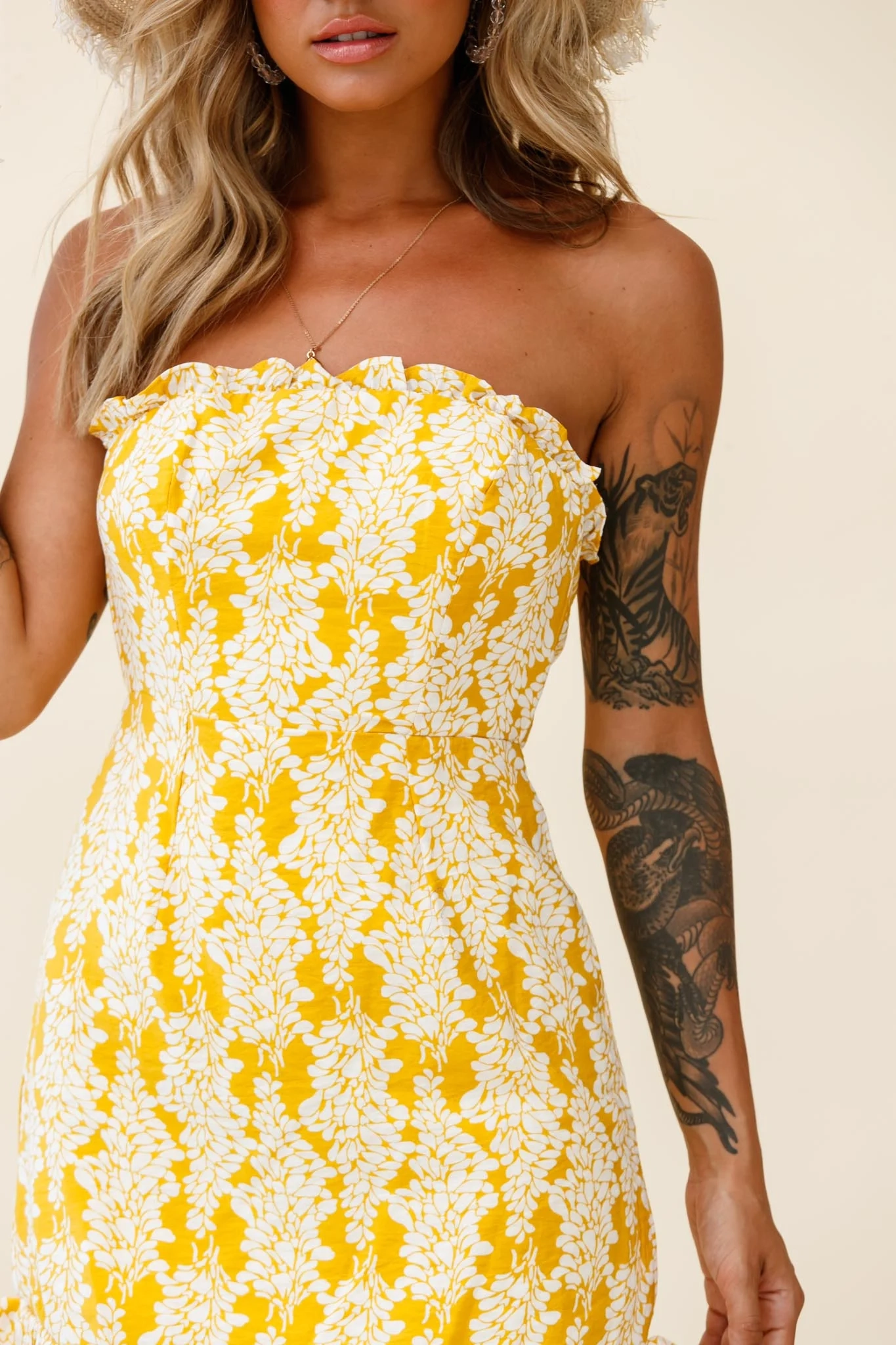 Dollface Bandeau Ruffle Detail Mini Dress Leaf Print Yellow