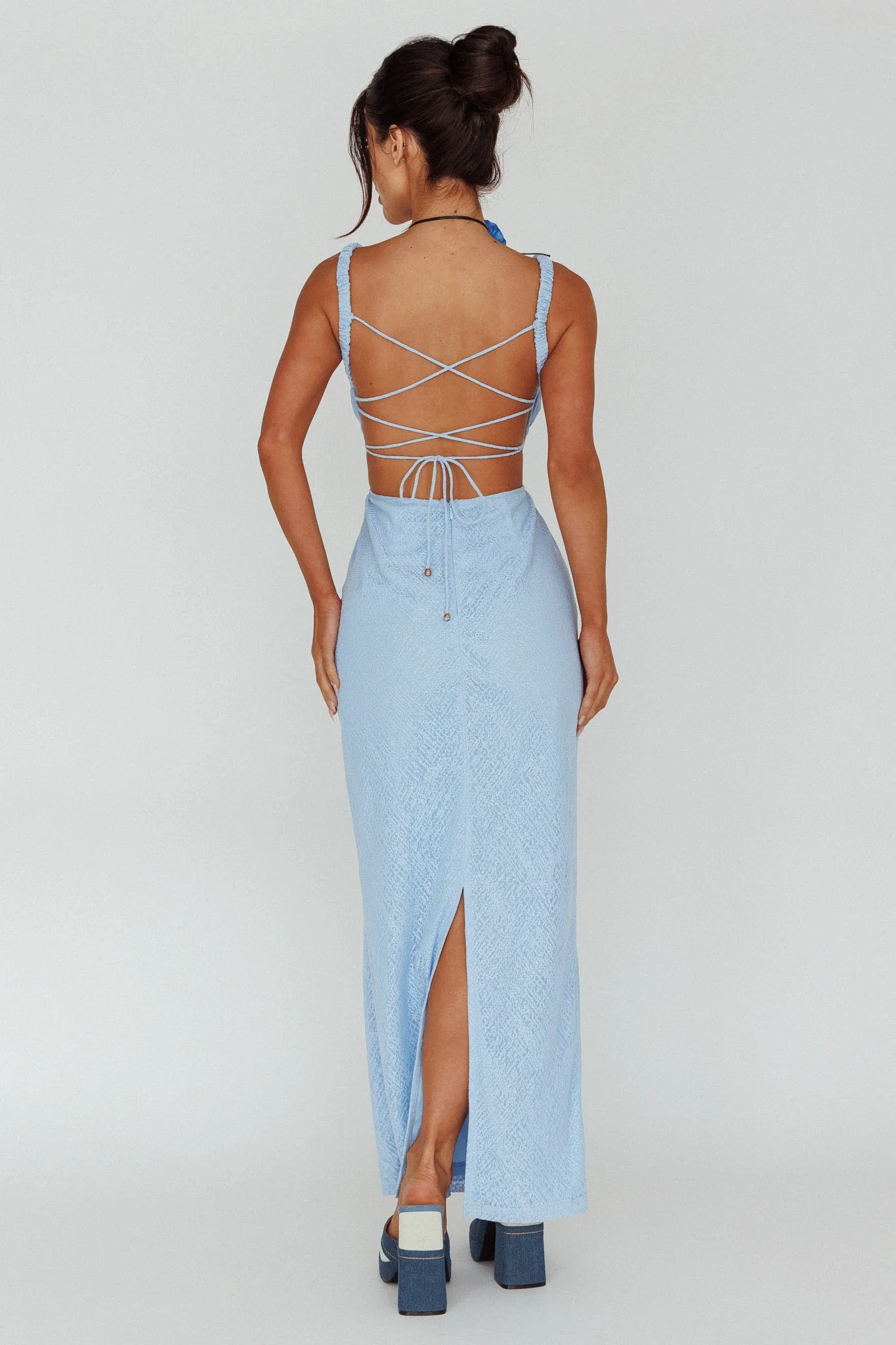 Dream Crush Lace-Up Back Mesh Overlay Midi Dress Blue