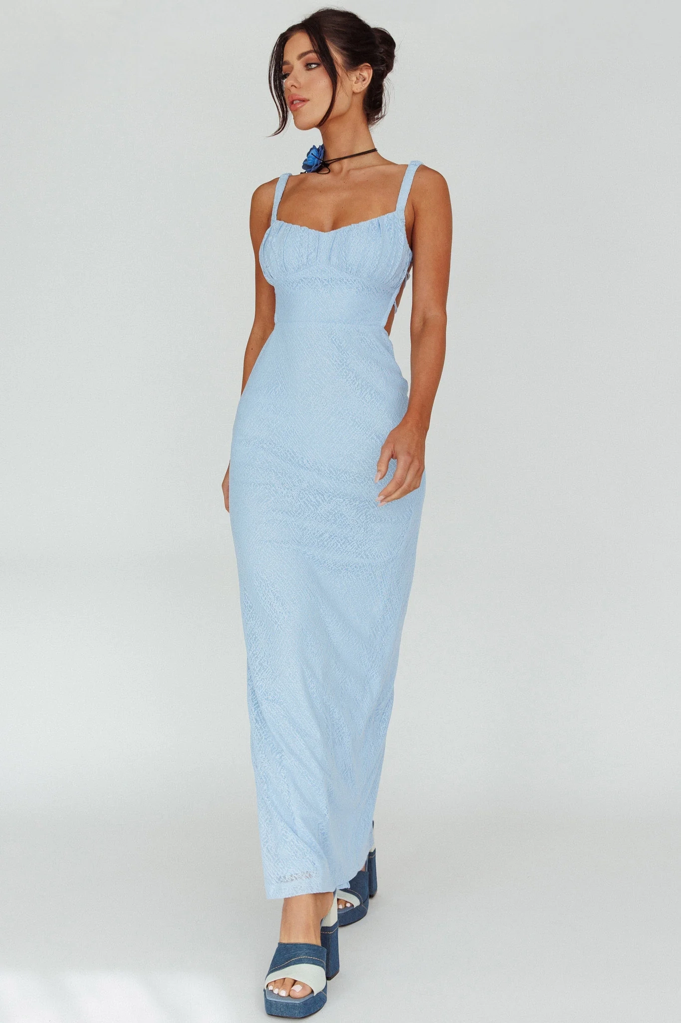 Dream Crush Lace-Up Back Mesh Overlay Midi Dress Blue