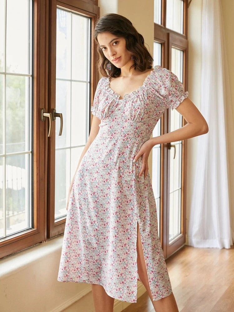 Floral Print Shirred Ruffle Trim Puff Sleeve Slit Dresses