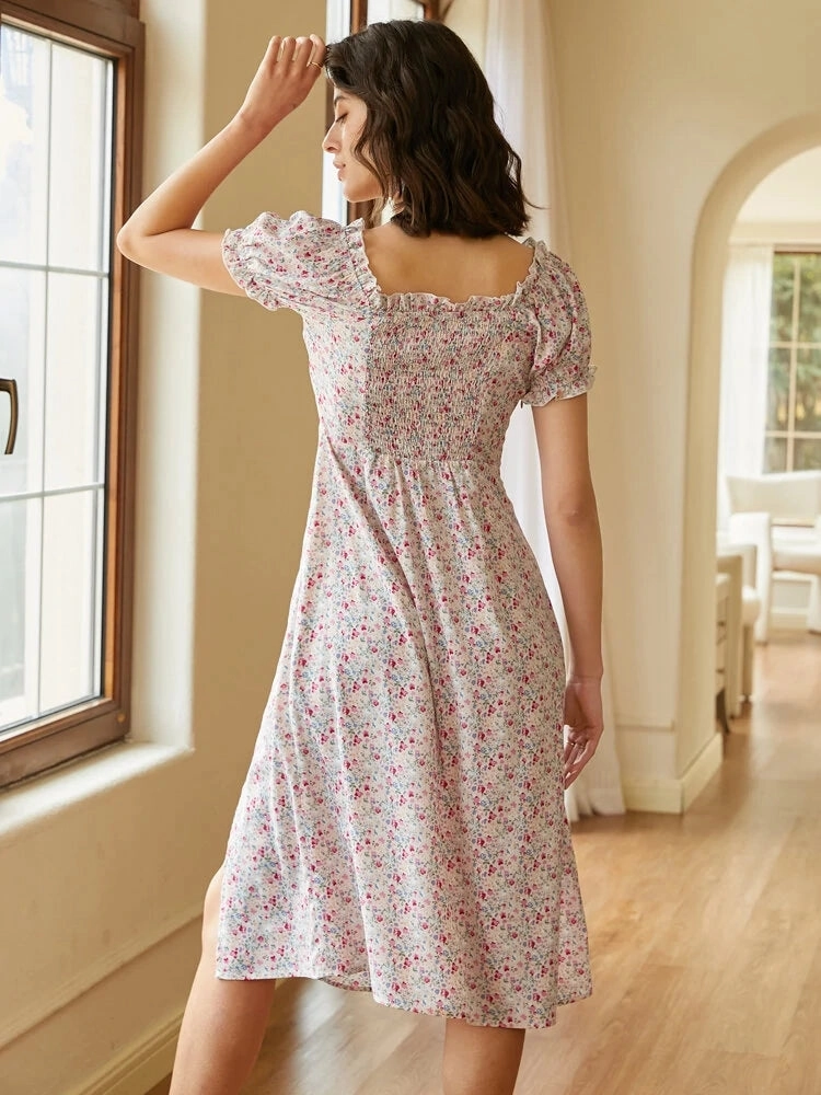 Floral Print Shirred Ruffle Trim Puff Sleeve Slit Dresses