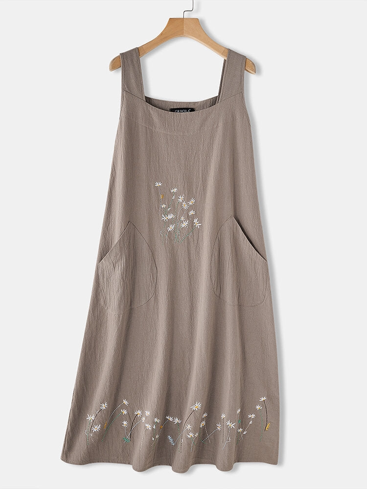 Flower Embroidery Daily Casual Home Gardening Women Midi Dress