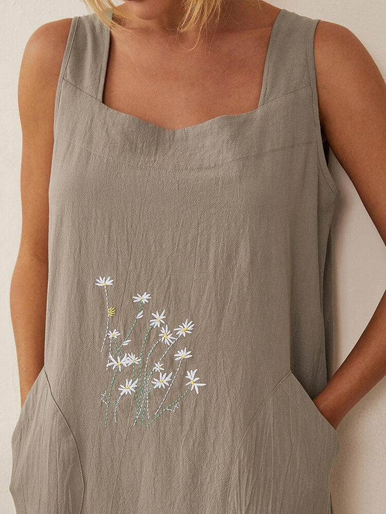 Flower Embroidery Daily Casual Home Gardening Women Midi Dress
