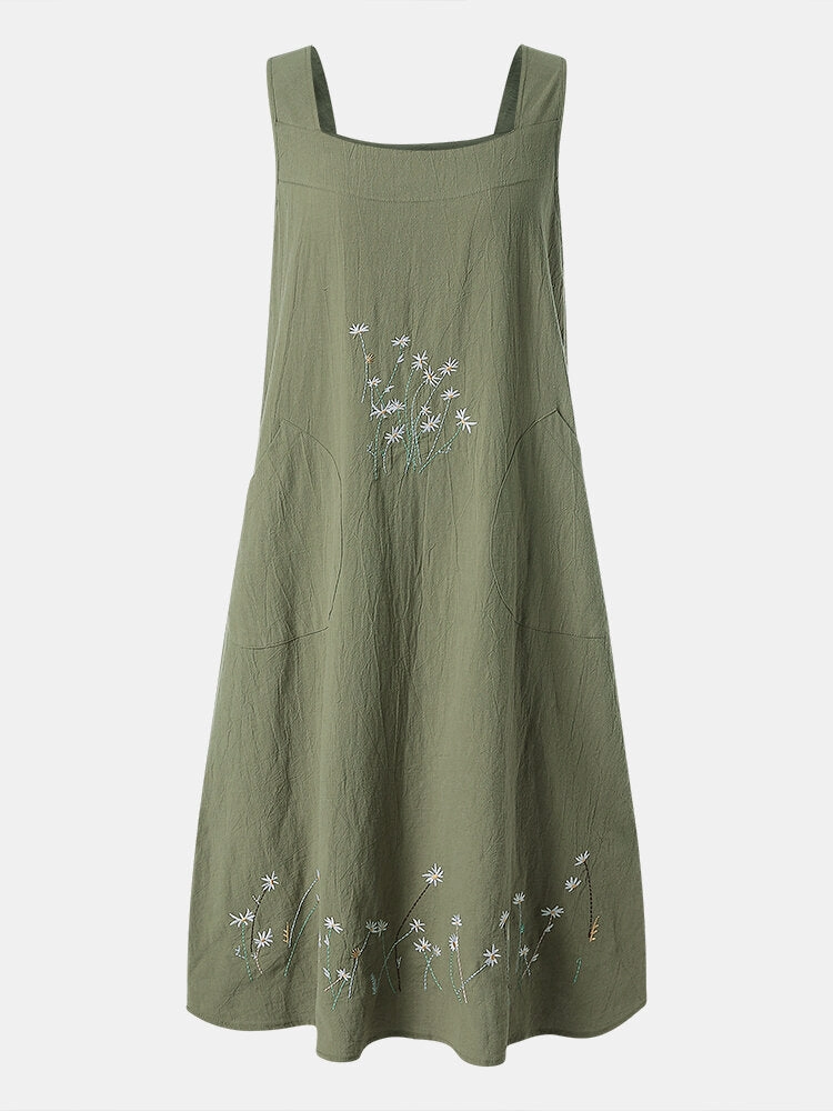 Flower Embroidery Daily Casual Home Gardening Women Midi Dress