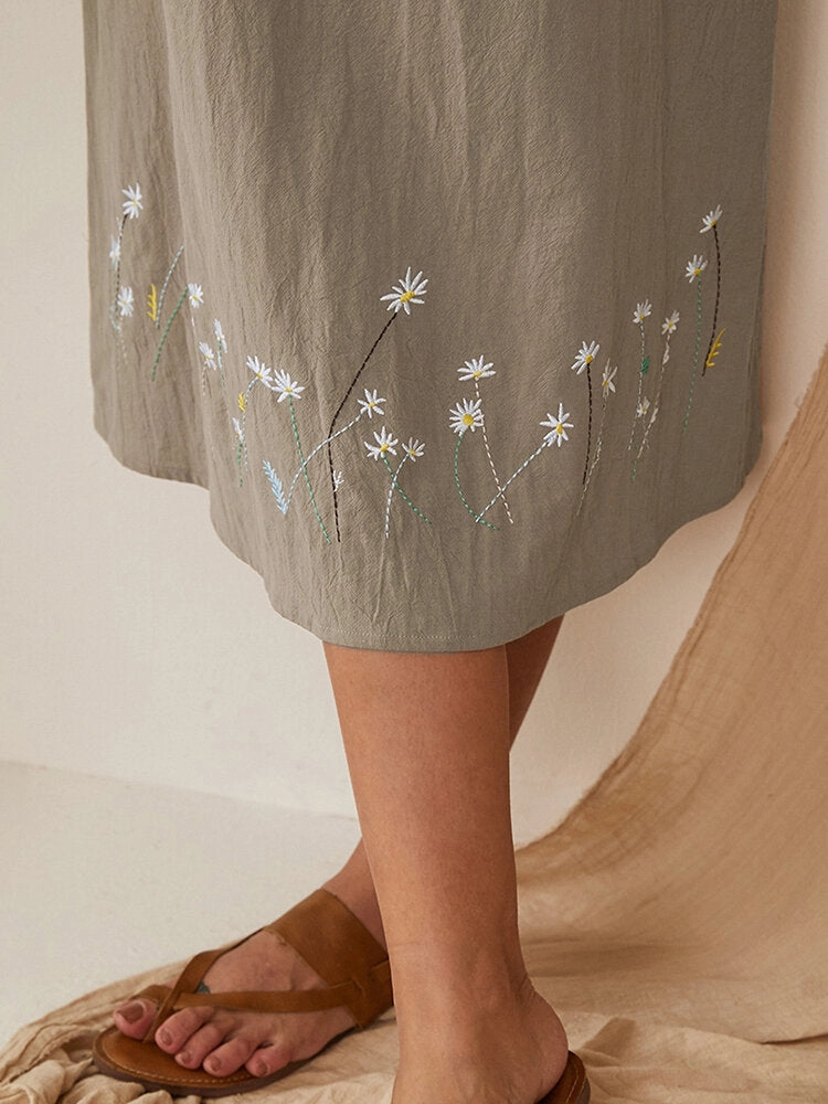 Flower Embroidery Daily Casual Home Gardening Women Midi Dress