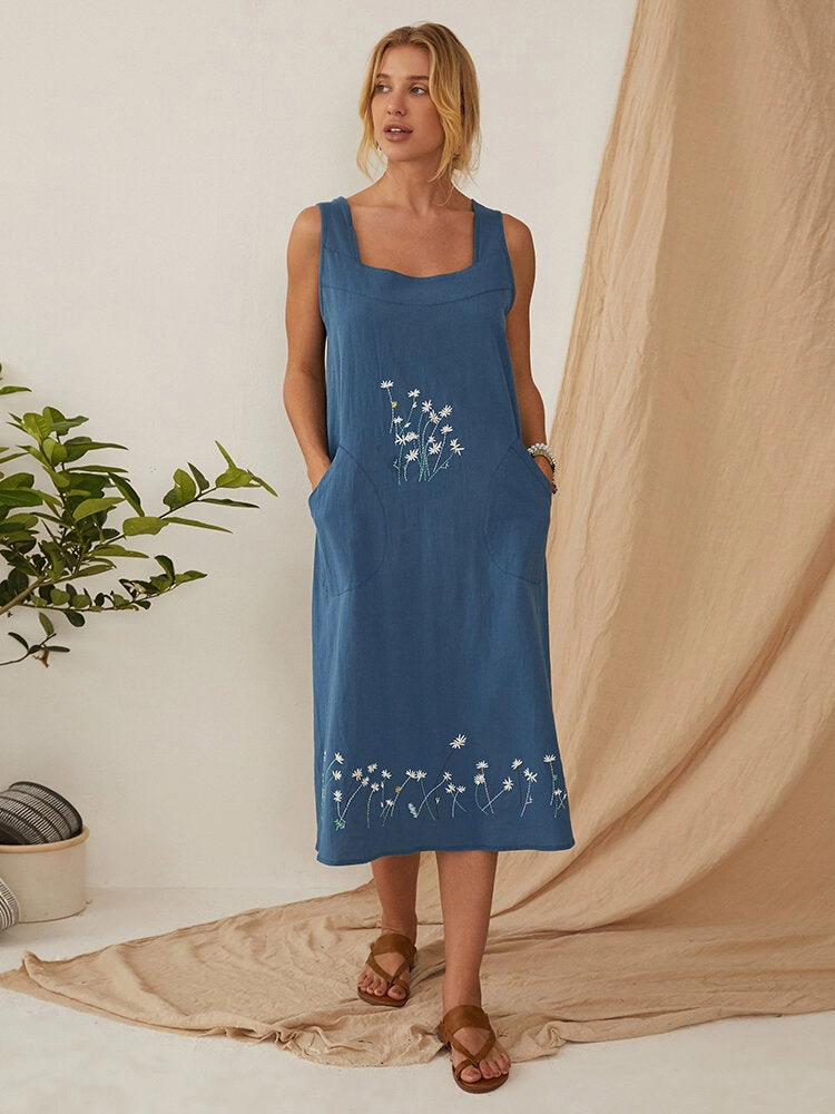 Flower Embroidery Daily Casual Home Gardening Women Midi Dress