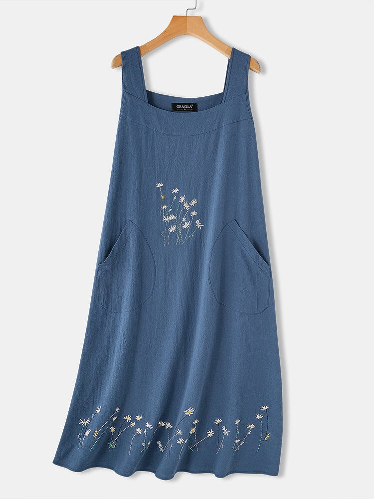 Flower Embroidery Daily Casual Home Gardening Women Midi Dress