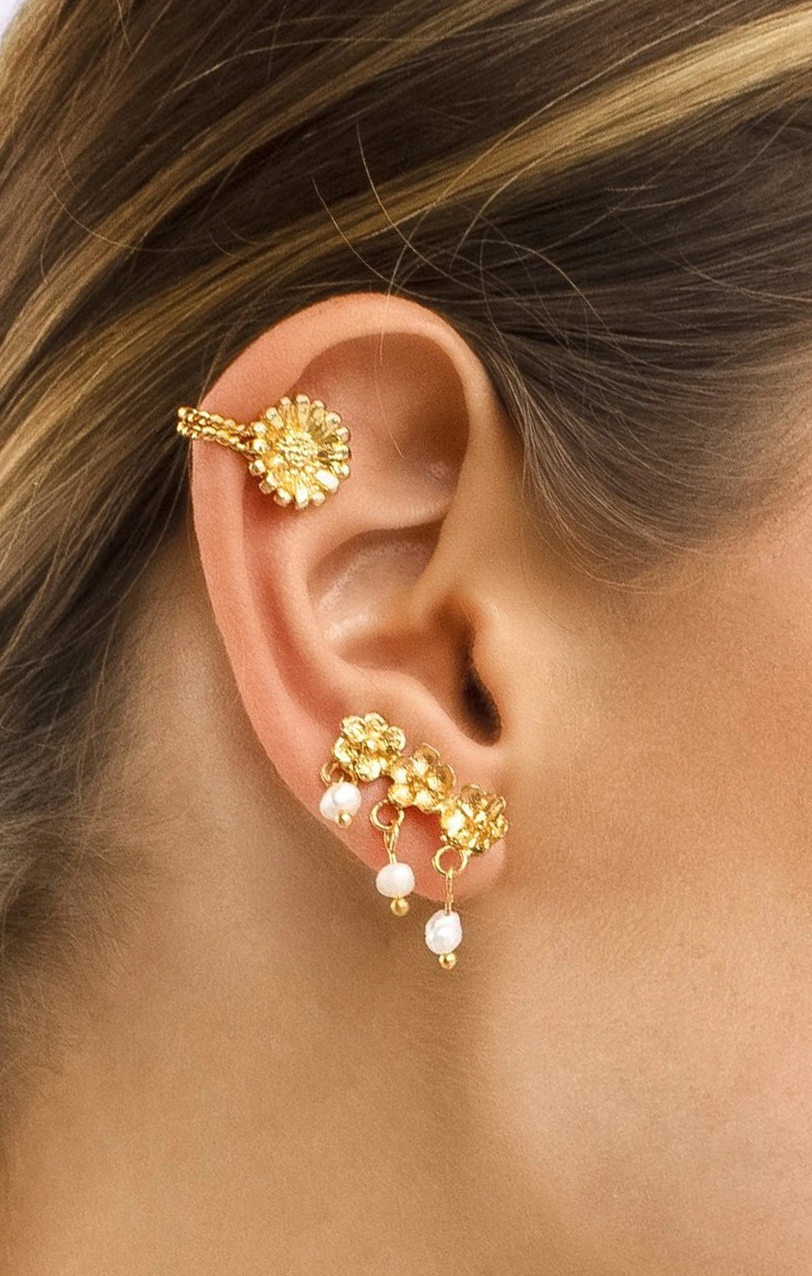 Gold Lilies With Freshwater Pearls Earrings