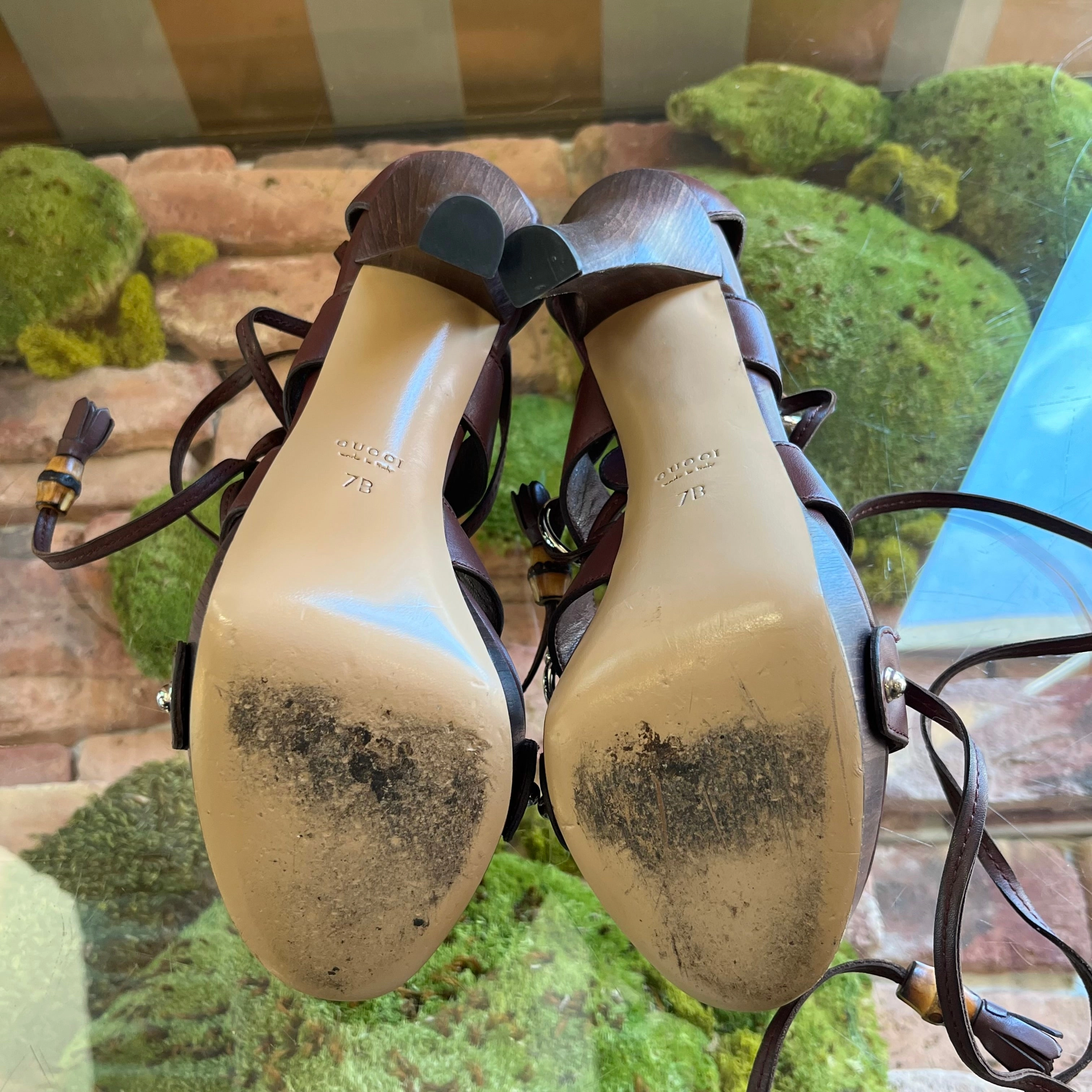GUCCI Leather Horsebit Strappy Platform Heels SZ7B