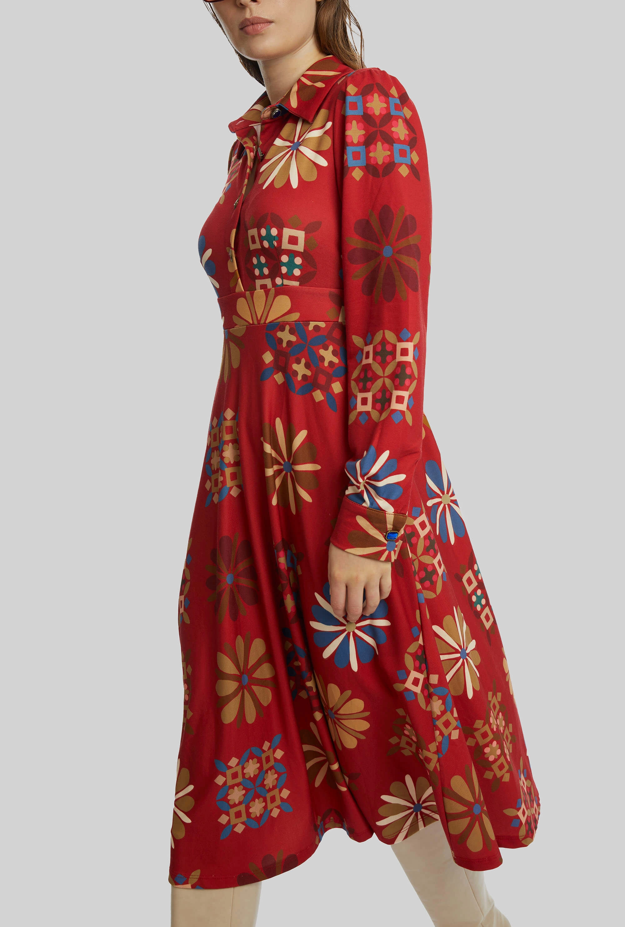 Jewelled Button Print Midi Dress Red