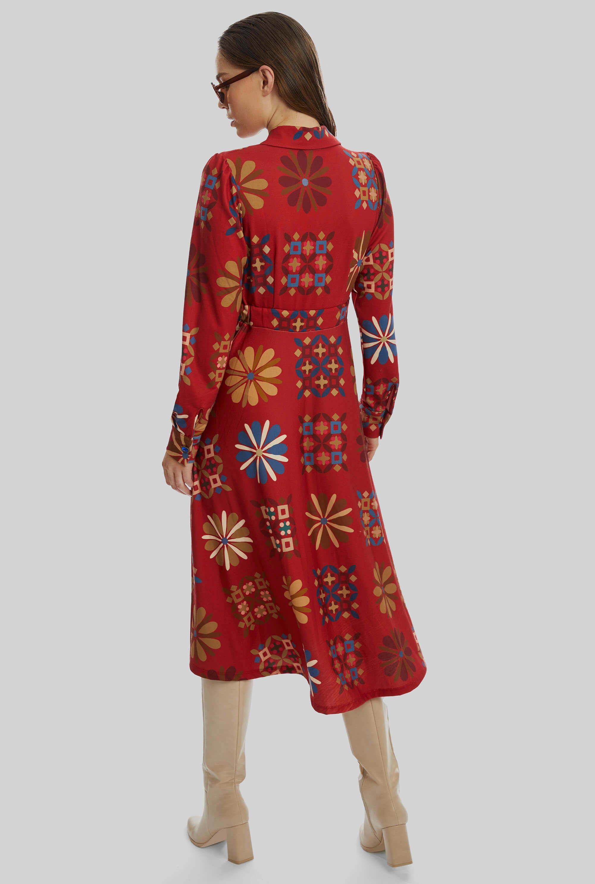 Jewelled Button Print Midi Dress Red