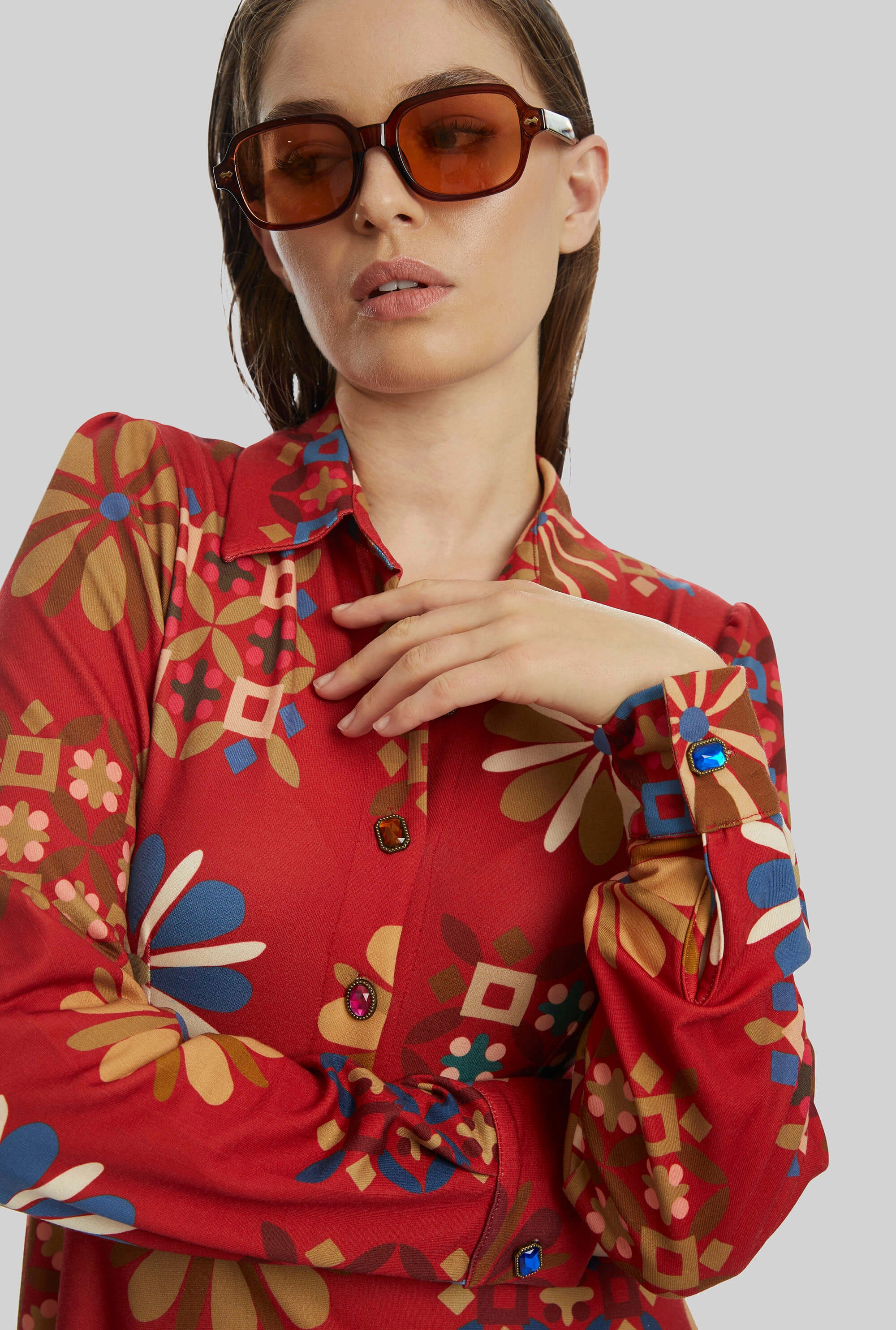 Jewelled Button Print Midi Dress Red