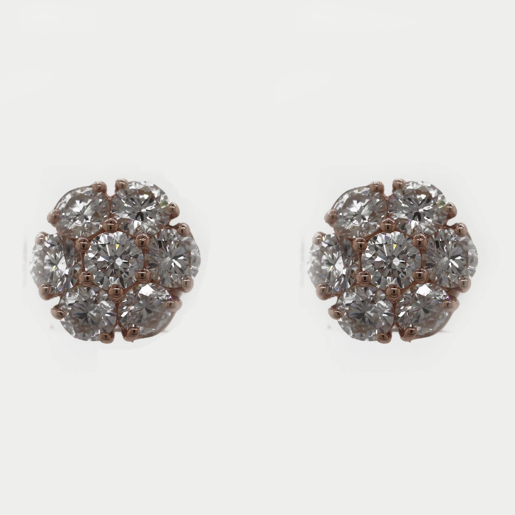 Modern 14k Rose Gold 1.50ctw Diamond Flower Cluster Earrings