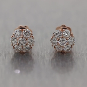 Modern 14k Rose Gold 1.50ctw Diamond Flower Cluster Earrings