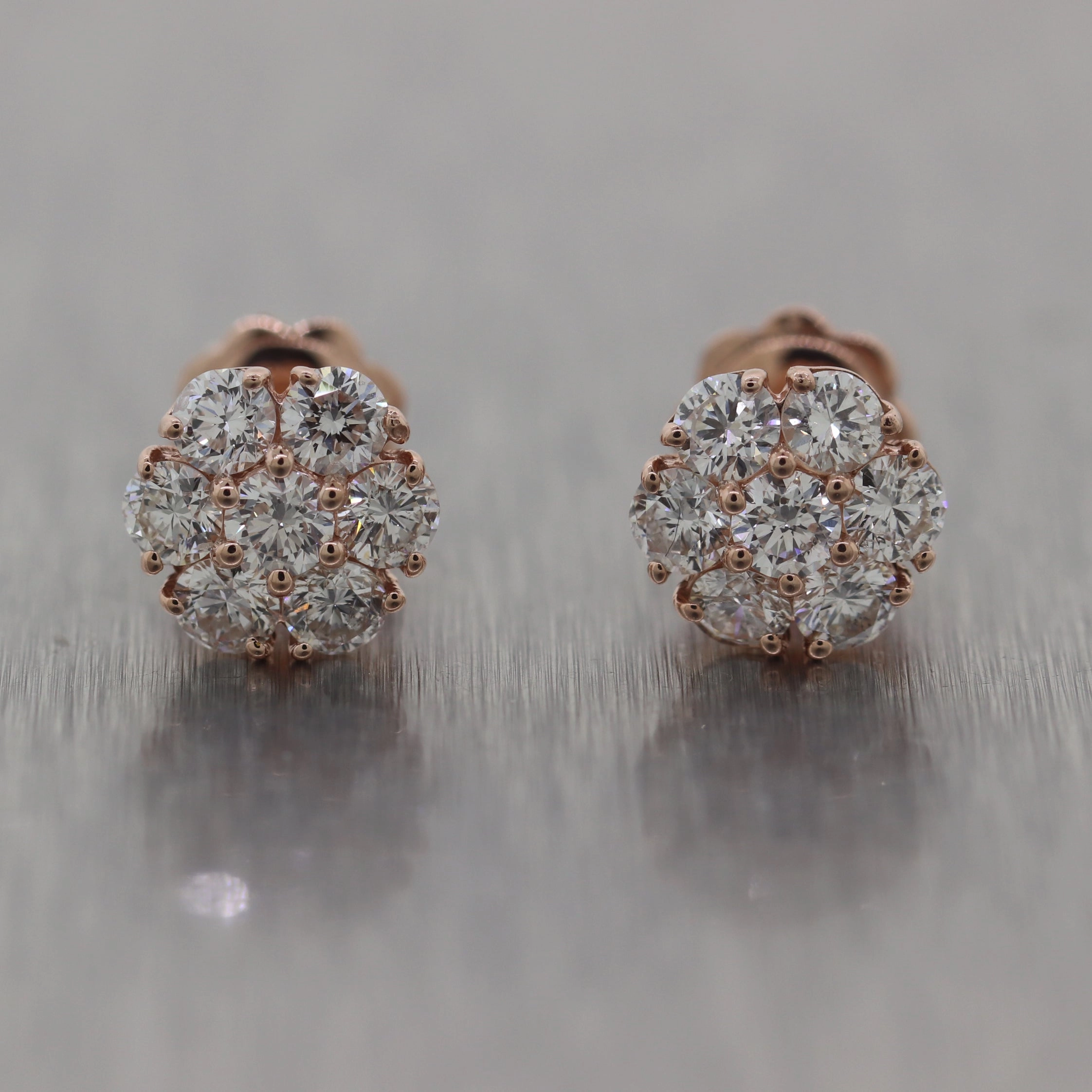 Modern 14k Rose Gold 1.50ctw Diamond Flower Cluster Earrings