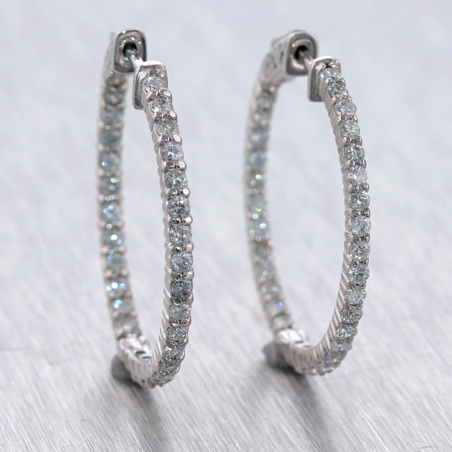 Modern 14k White Gold 2.03ctw Diamond In & Out Hoop Earrings