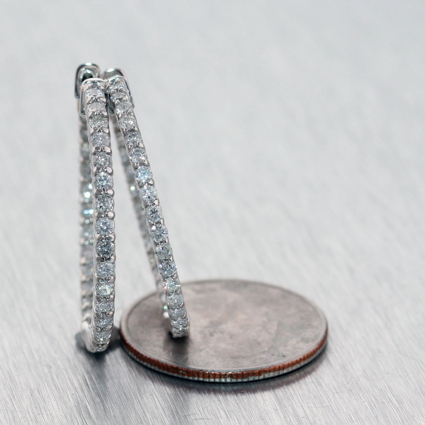 Modern 14k White Gold 2.03ctw Diamond In & Out Hoop Earrings