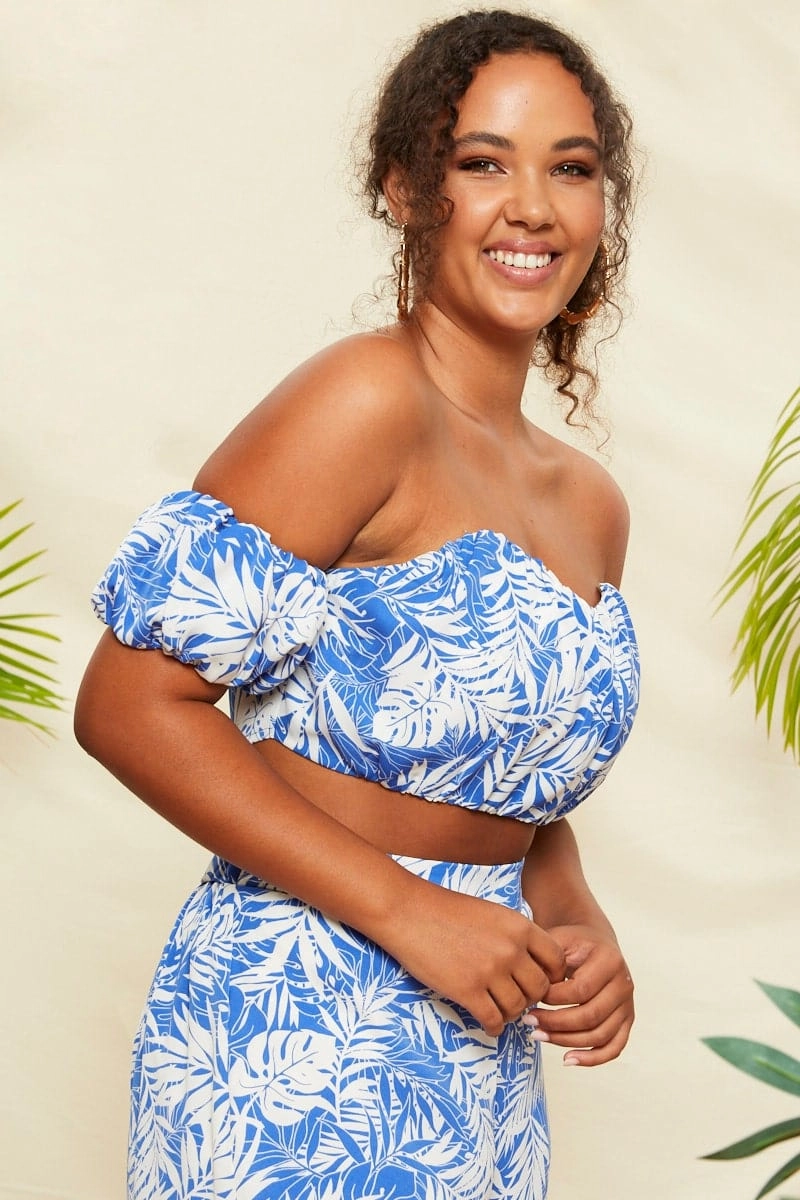 Mono Print Ruched Palm Tree Print Bardot Crop Top