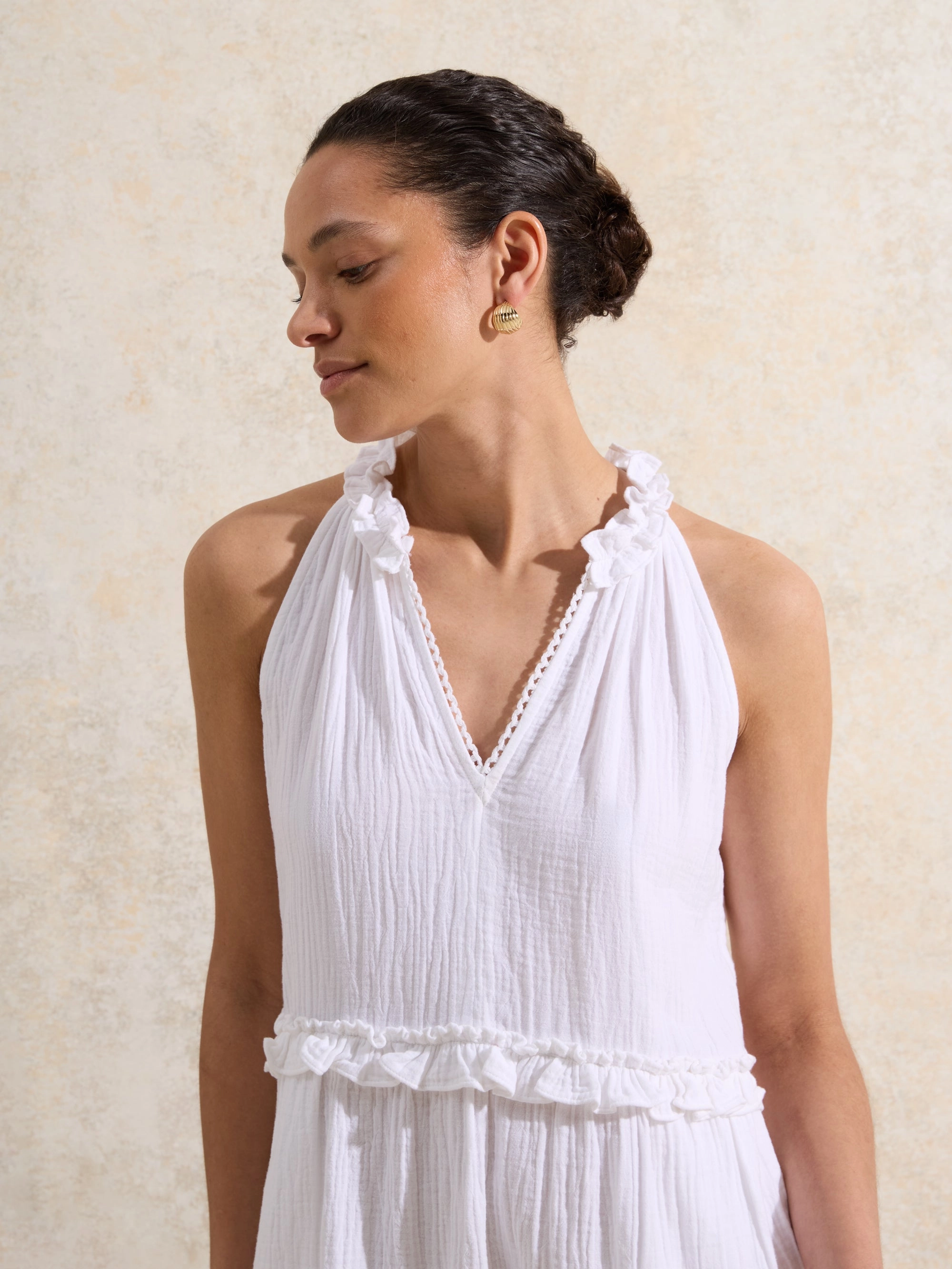 Petite White Frill-Detail Halterneck Cheesecloth Mini Dress