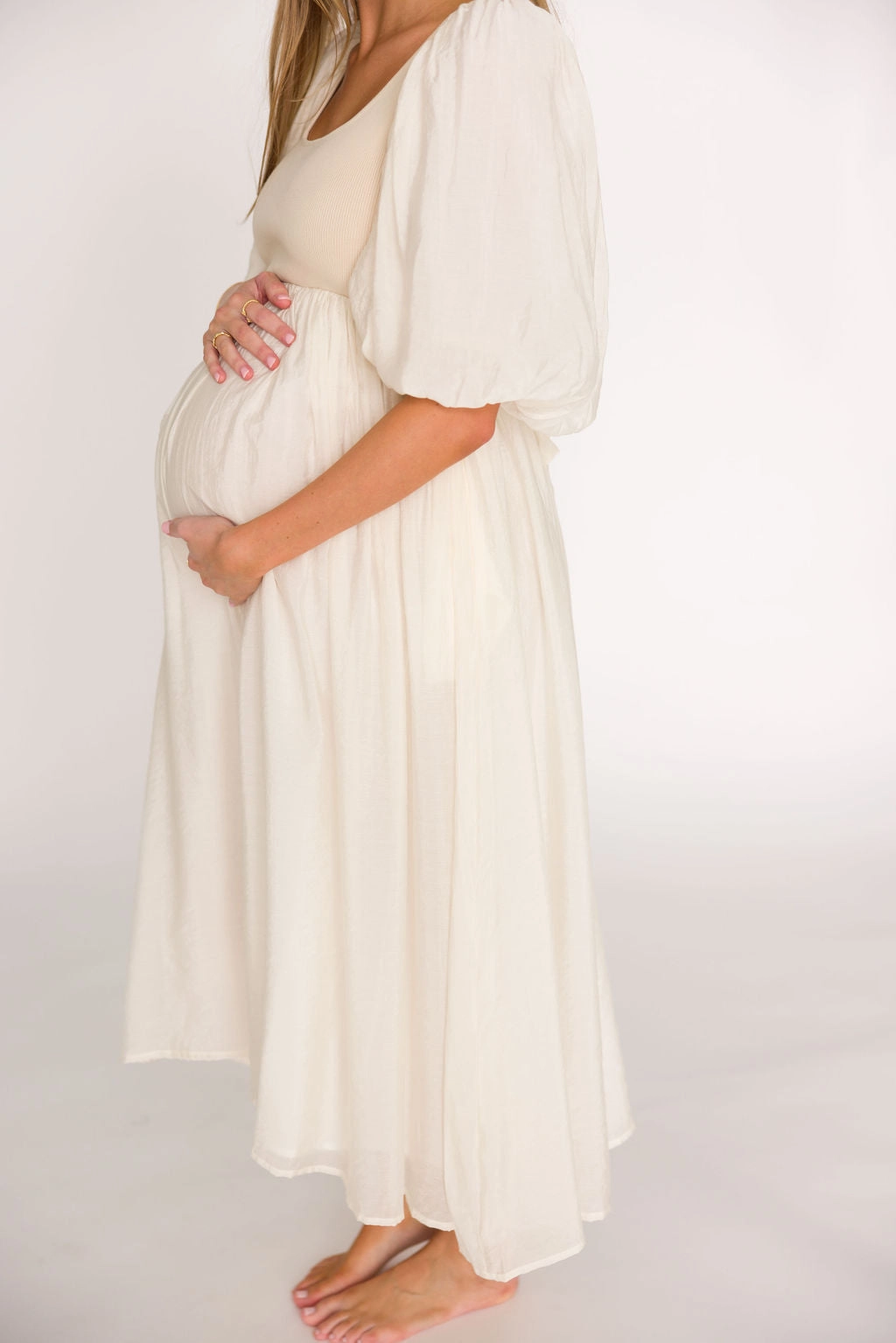 Raina Combination Midi Dress with Puff Sleeves in Natural - Bump Friendly