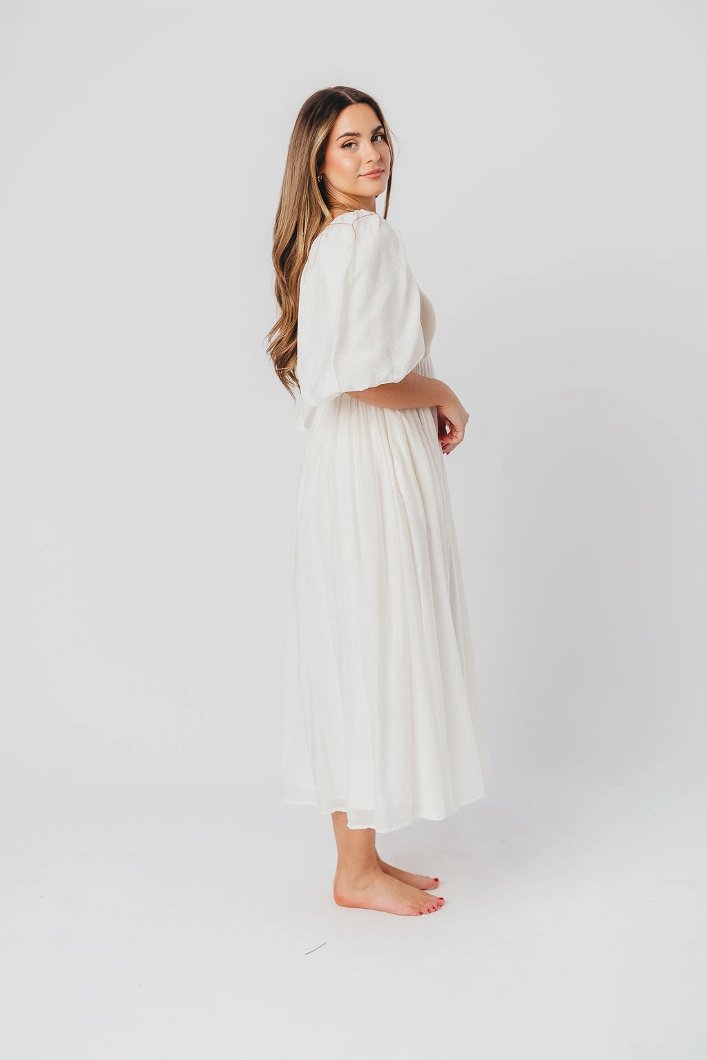 Raina Combination Midi Dress with Puff Sleeves in Natural - Bump Friendly