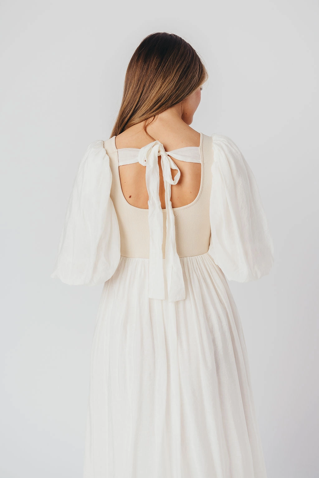 Raina Combination Midi Dress with Puff Sleeves in Natural - Bump Friendly