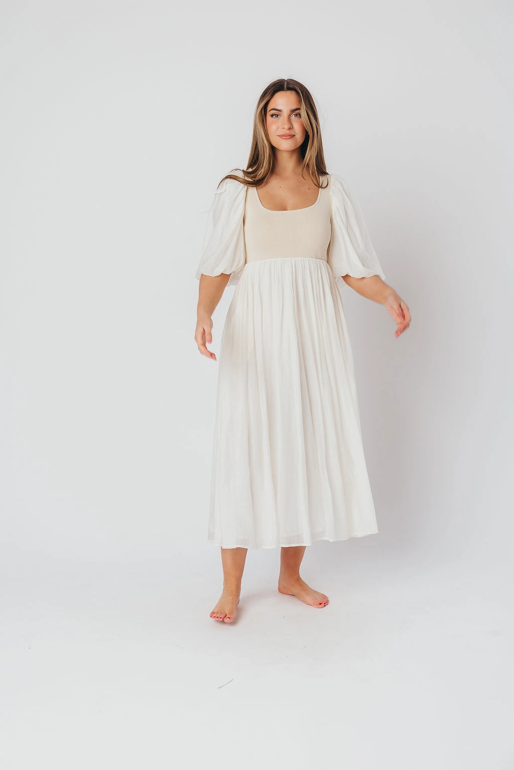 Raina Combination Midi Dress with Puff Sleeves in Natural - Bump Friendly