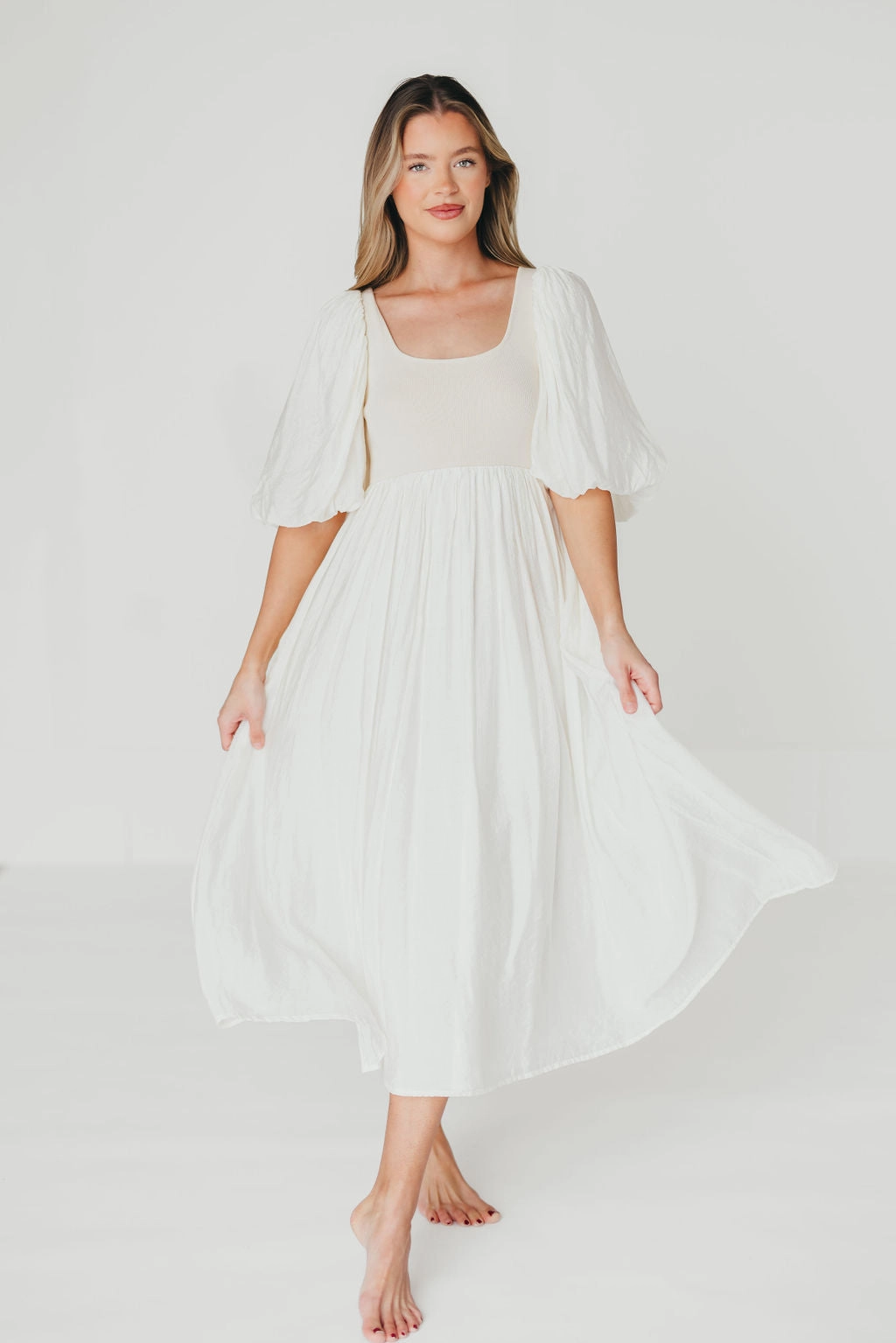 Raina Combination Midi Dress with Puff Sleeves in Natural - Bump Friendly