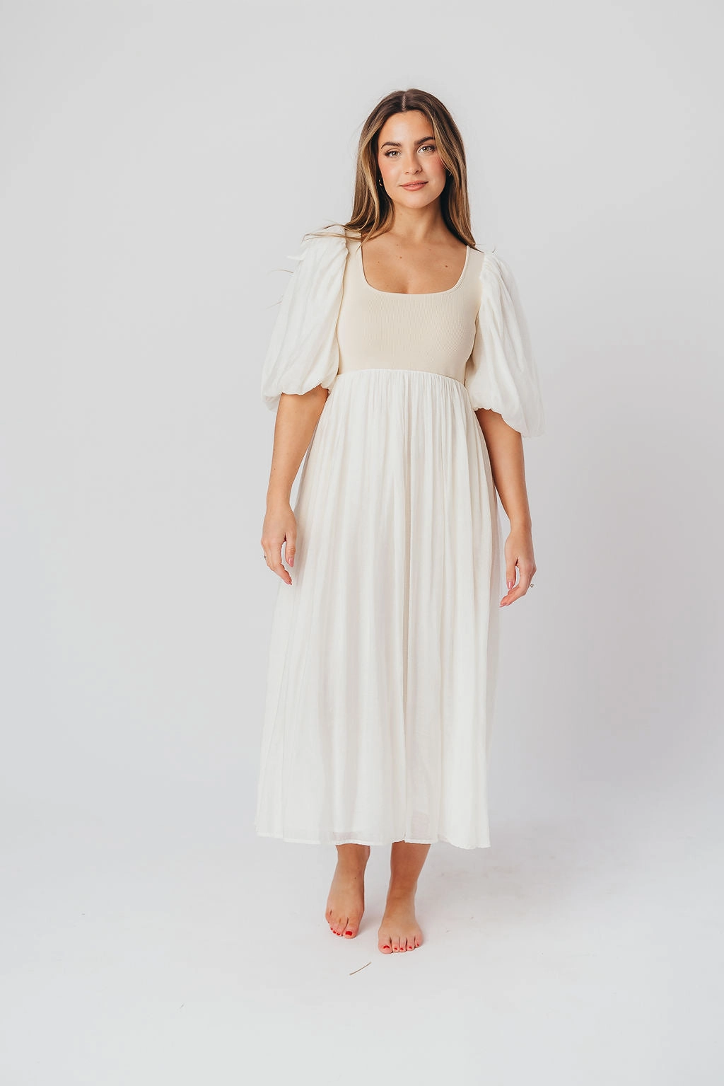 Raina Combination Midi Dress with Puff Sleeves in Natural - Bump Friendly