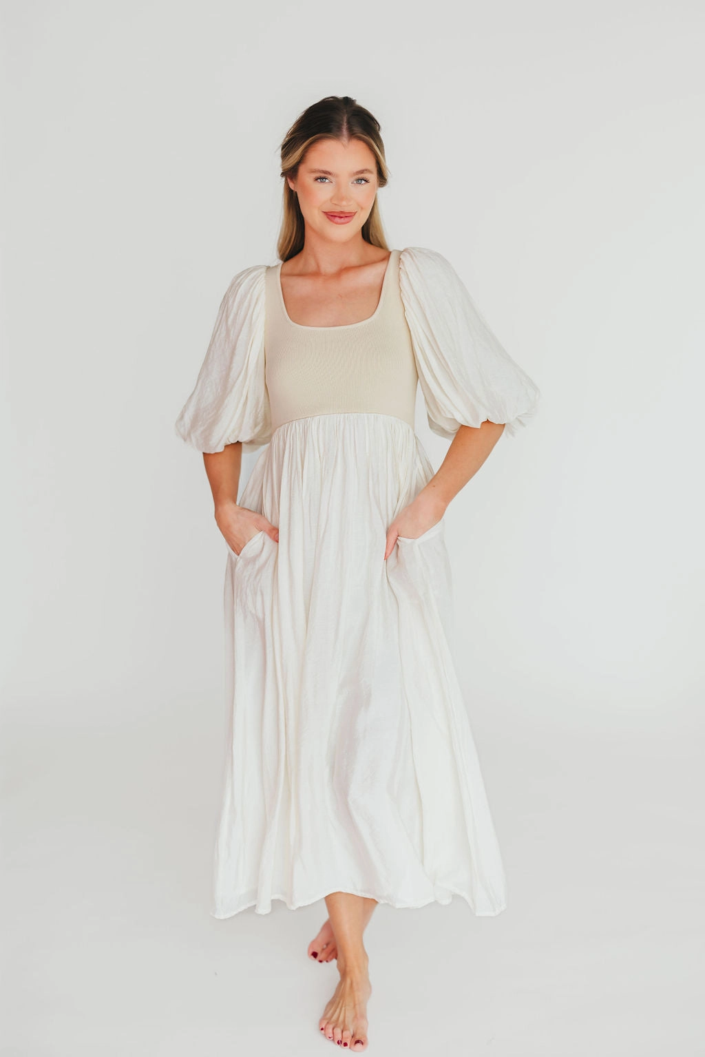 Raina Combination Midi Dress with Puff Sleeves in Natural - Bump Friendly