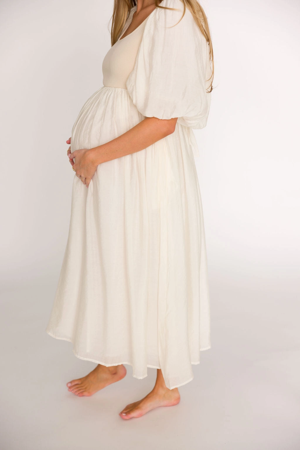 Raina Combination Midi Dress with Puff Sleeves in Natural - Bump Friendly
