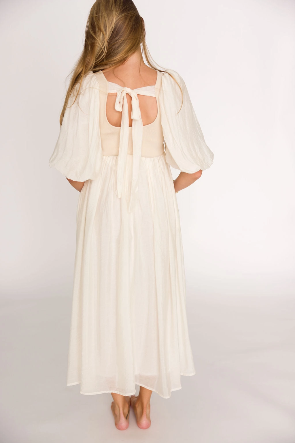 Raina Combination Midi Dress with Puff Sleeves in Natural - Bump Friendly