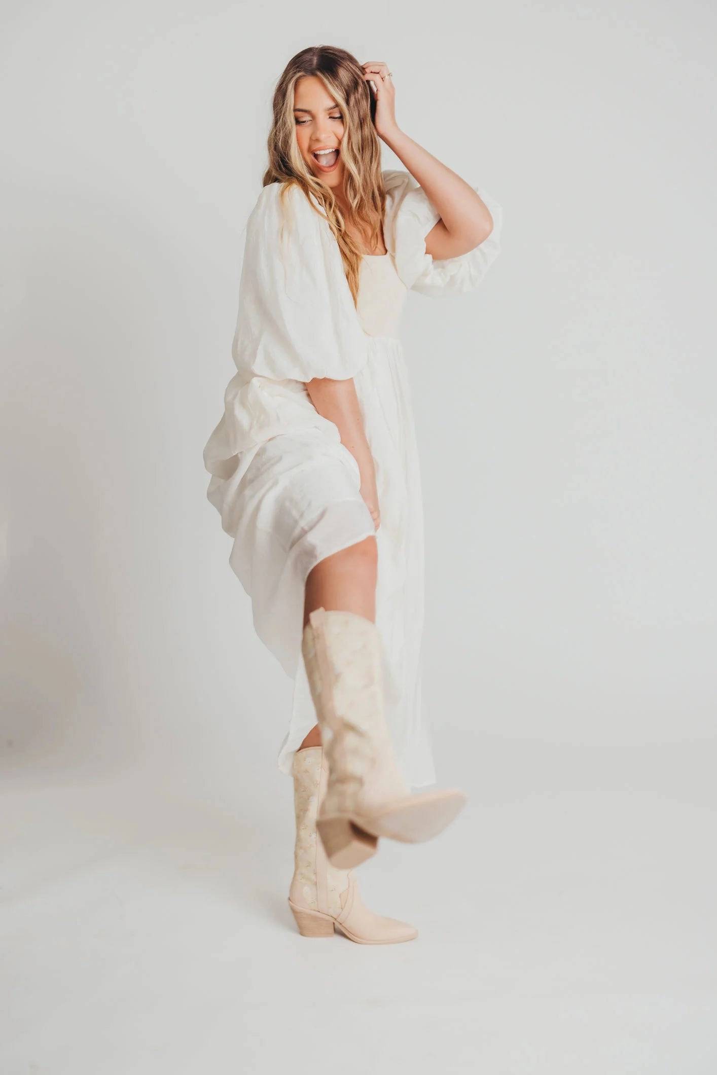 Raina Combination Midi Dress with Puff Sleeves in Natural - Bump Friendly