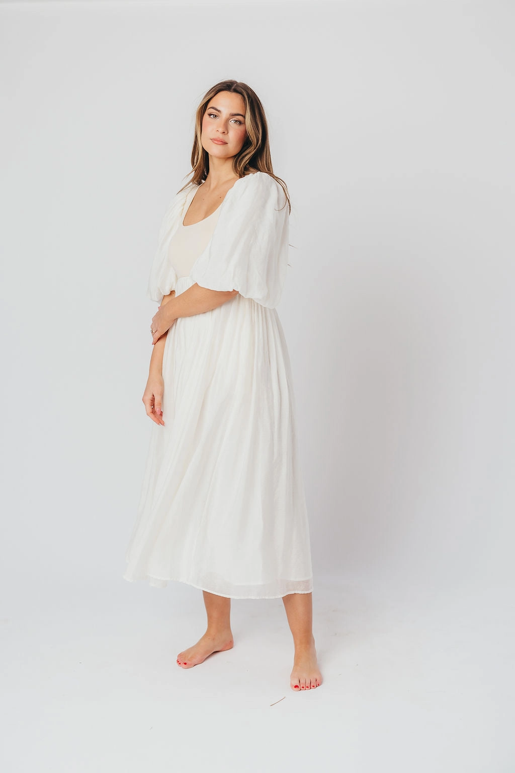 Raina Combination Midi Dress with Puff Sleeves in Natural - Bump Friendly