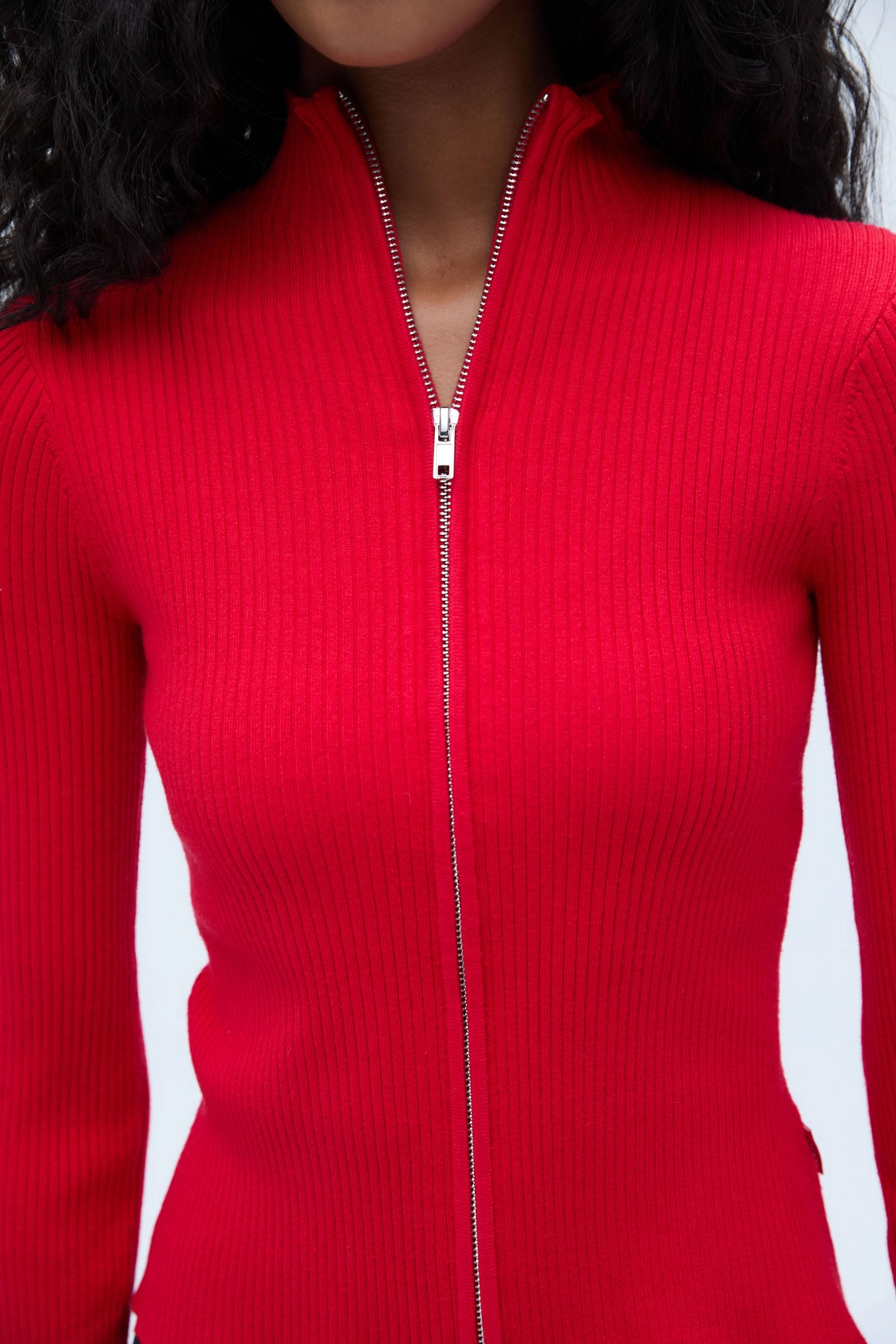 Rib Knit Zip Up Sweatshirt - Red