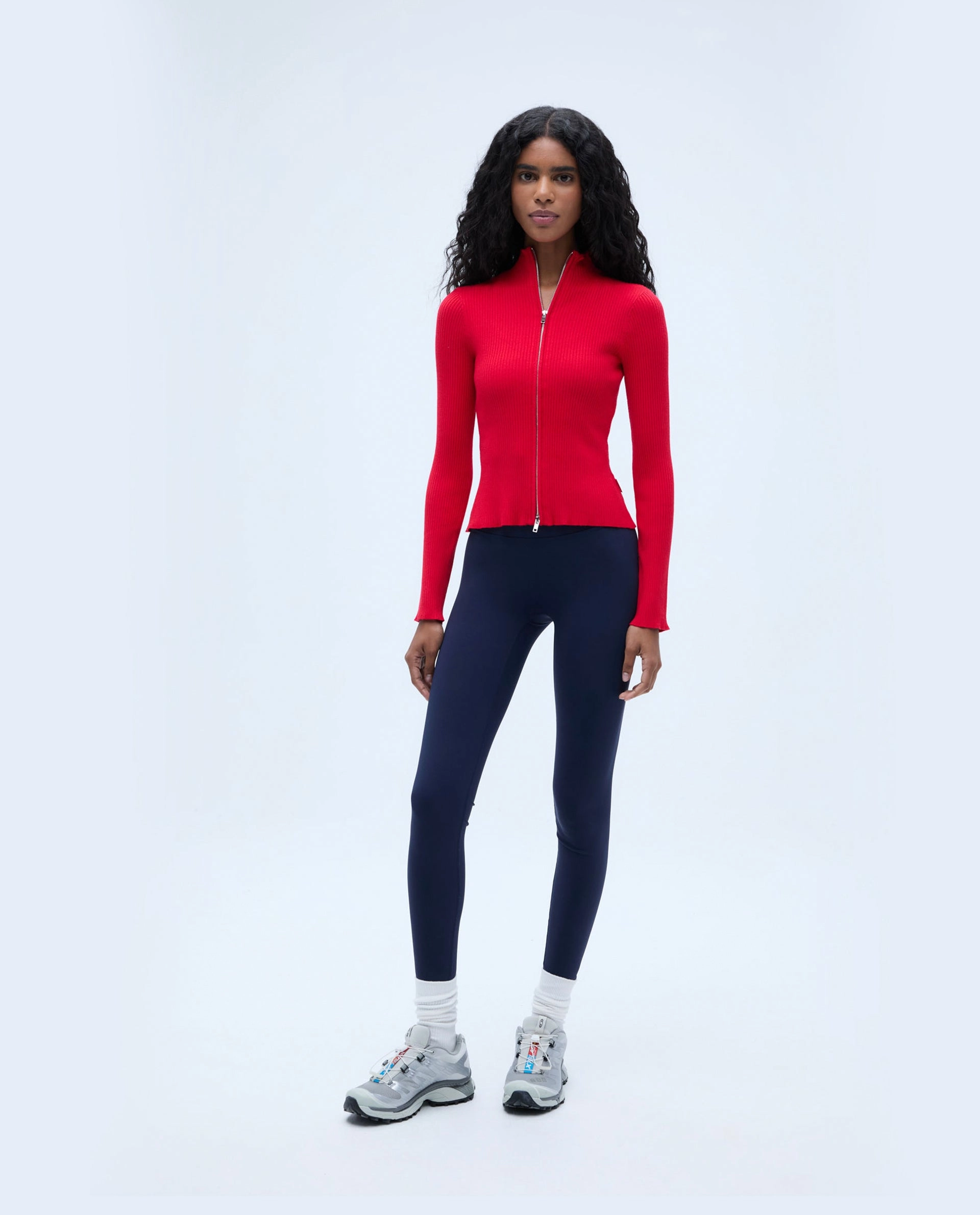 Rib Knit Zip Up Sweatshirt - Red