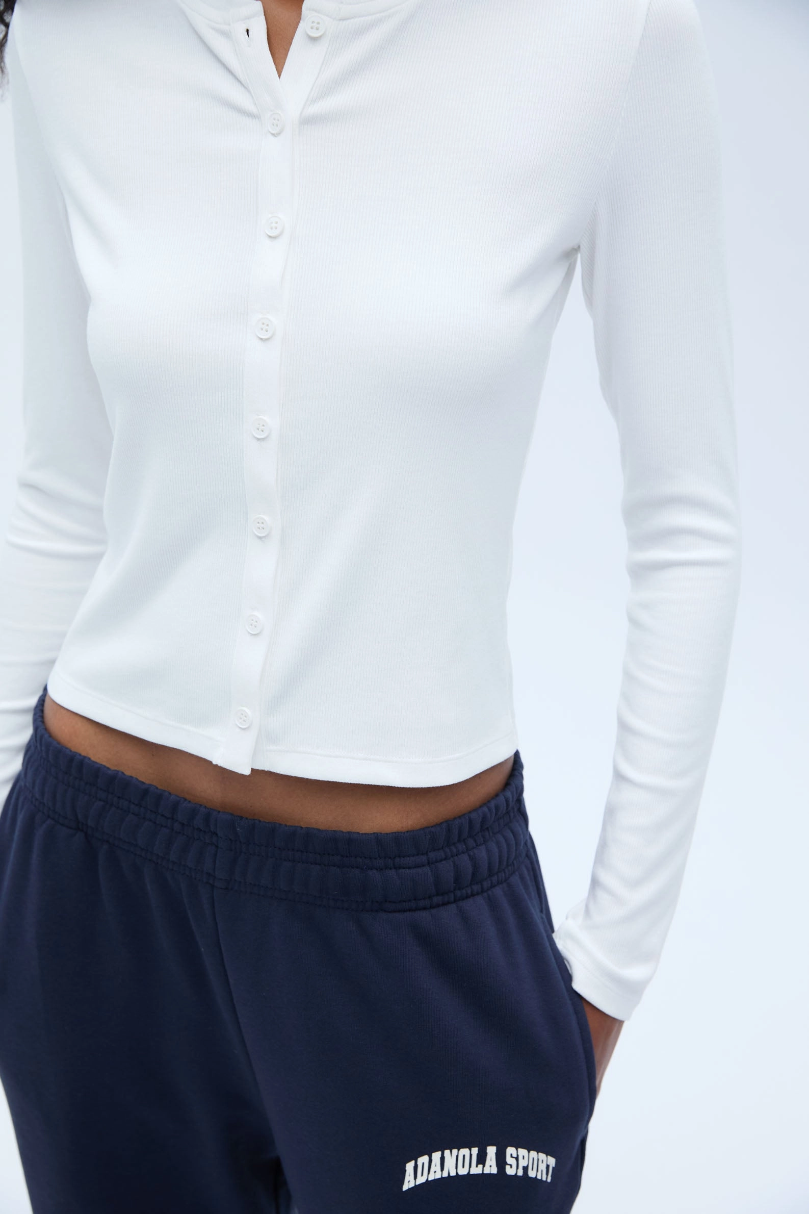 Rib Long Sleeve Button Through Top - White