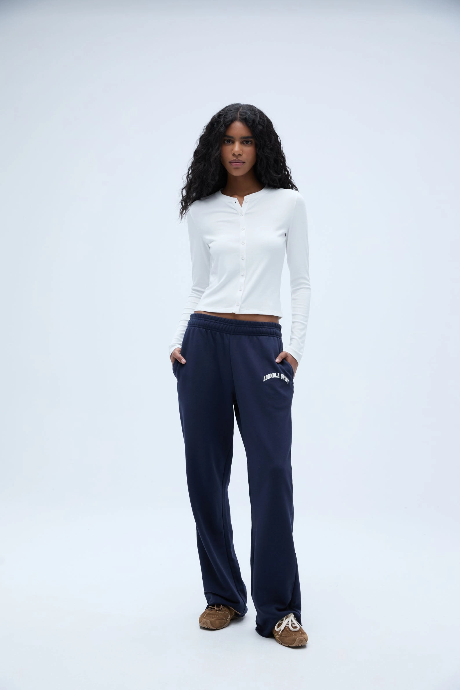 Rib Long Sleeve Button Through Top - White