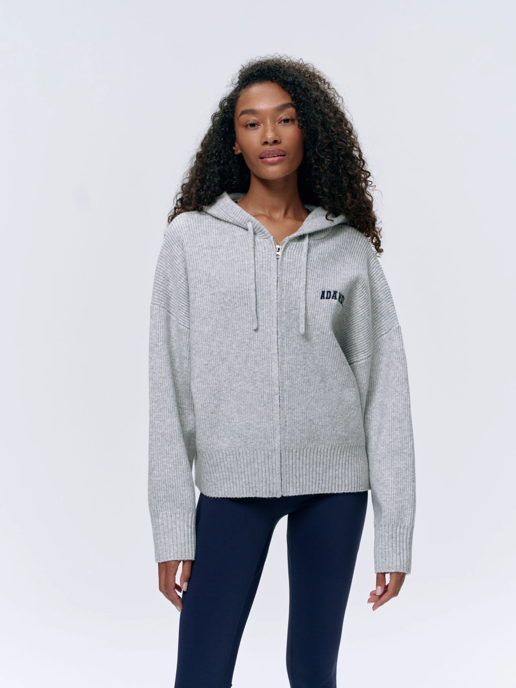 Varsity Hooded Knit Bomber Jacket - Light Grey Melange