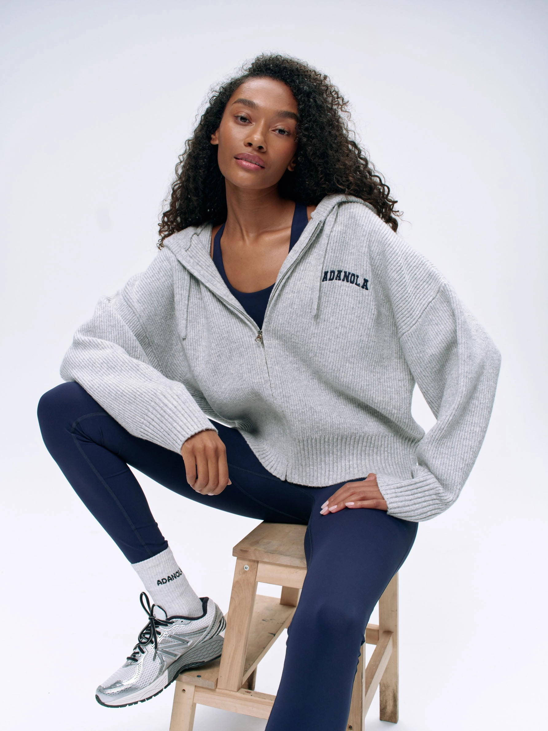 Varsity Hooded Knit Bomber Jacket - Light Grey Melange