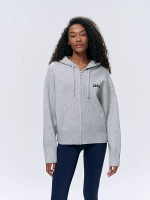 Varsity Hooded Knit Bomber Jacket - Light Grey Melange
