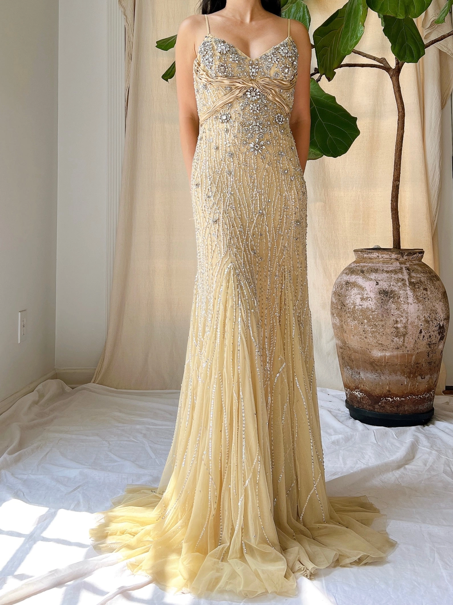 Vintage Nude Crystal Beaded Gown - M/8