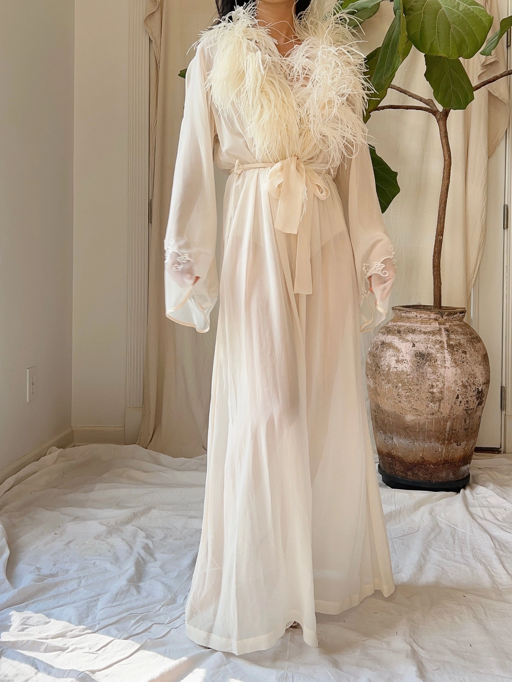 Vintage Silk Chiffon Feather Robe - S-M