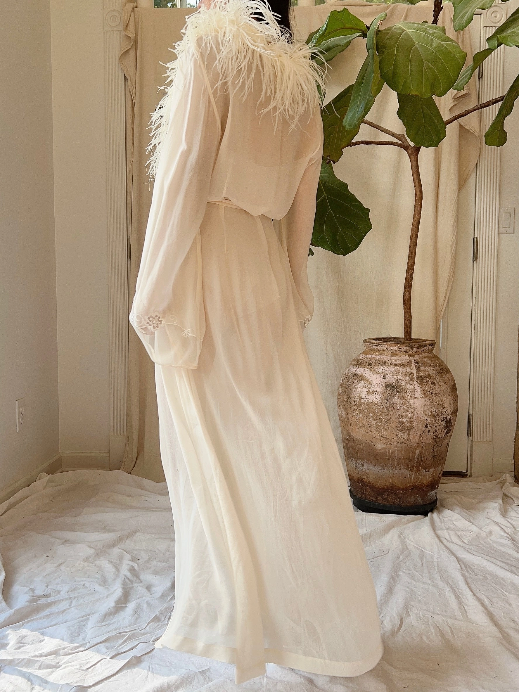 Vintage Silk Chiffon Feather Robe - S-M