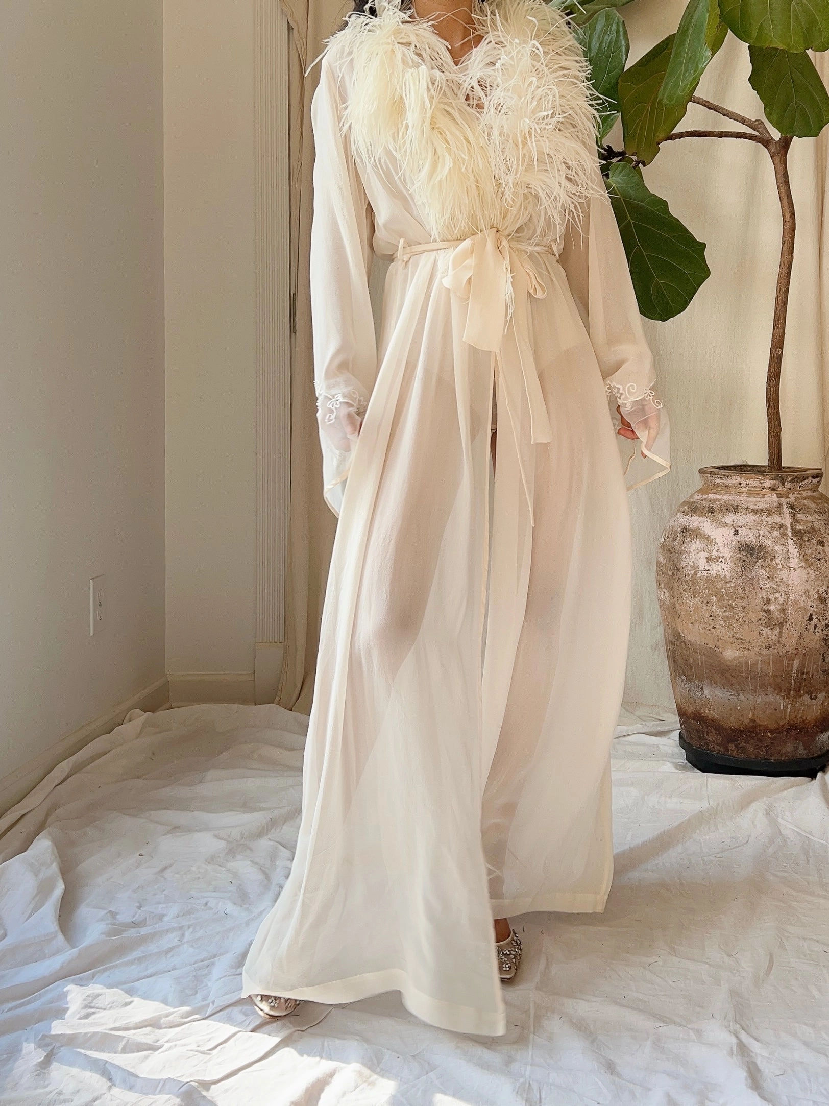 Vintage Silk Chiffon Feather Robe - S-M
